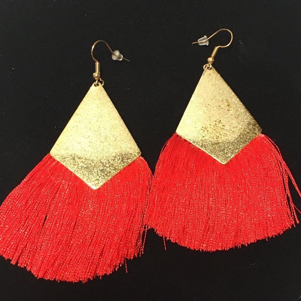 Gold Tone Red Tassel statement Dangle earrings